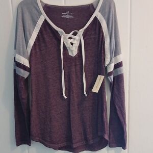 Maroon and Light Gray Lace-Up Long Sleeve Tee